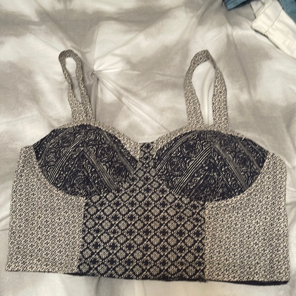 NWT American Eagle Patchwork Boho Hippie Festival Navy White Crop Bustier